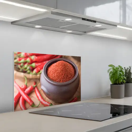 Gepoederde cayennepeper in een bakje keuken achterwand spatscherm klein -3d_schuin