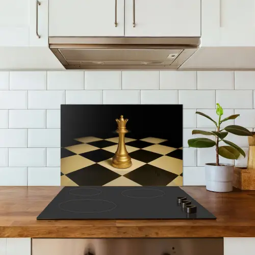 Koningin - Schaakstuk - Geblokt - Goud keuken achterwand spatscherm klein -sfeer2