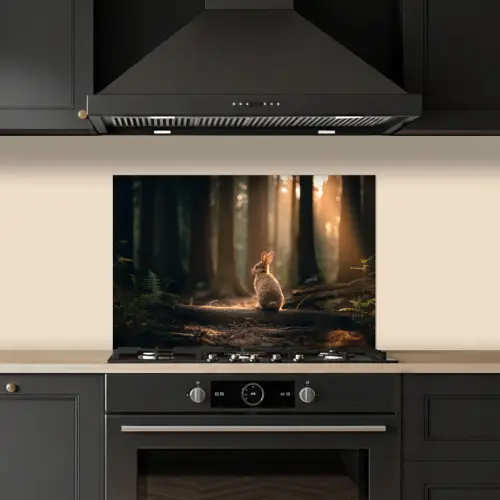 Konijn - Bos - Zonnestralen keuken achterwand spatscherm klein -sfeer1