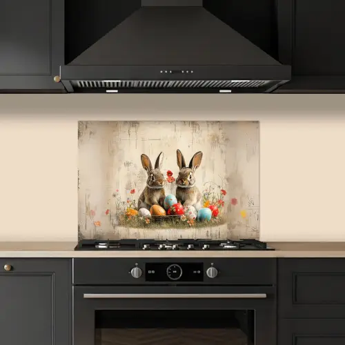 Konijnen - Bloemen - Eieren keuken achterwand spatscherm klein -sfeer1