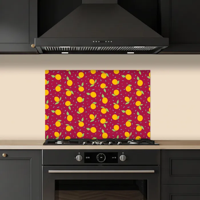 Rood - Donker - Patroon - Sinaasappels keuken achterwand spatscherm klein 900 -sfeer1