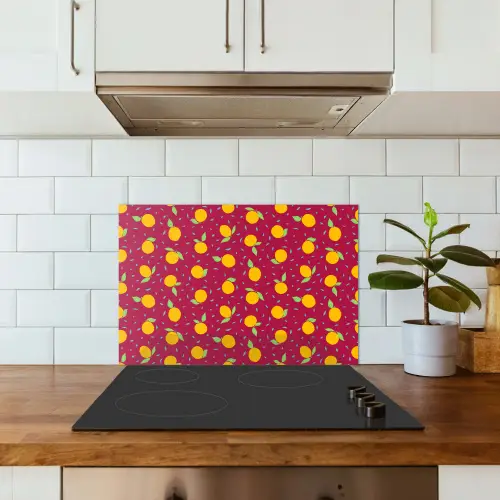 Rood - Donker - Patroon - Sinaasappels keuken achterwand spatscherm klein 900 -sfeer2