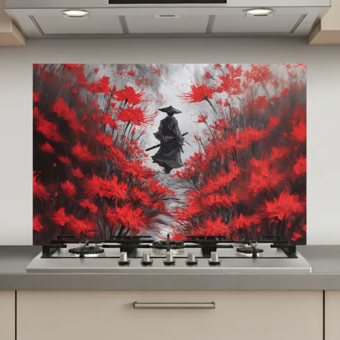 Rode bloemen - mistig - Man keuken achterwand spatscherm klein -3d_website