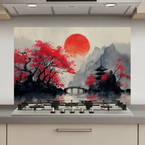 Rode zon - Rivier - brug - Bomen keuken achterwand spatscherm klein -3d_website