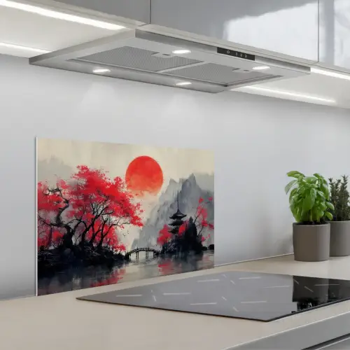 Rode zon - Rivier - brug - Bomen keuken achterwand spatscherm klein -3d_schuin
