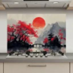Rode zon - Rivier - brug - Bomen keuken achterwand spatscherm klein -3d_website