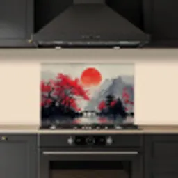 Rode zon - Rivier - brug - Bomen keuken achterwand spatscherm klein -sfeer1