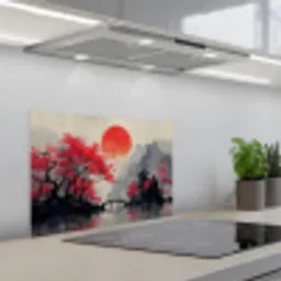 Rode zon - Rivier - brug - Bomen keuken achterwand spatscherm klein -3d_schuin