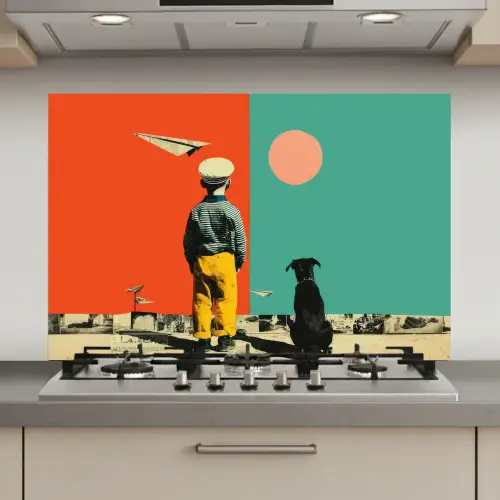 Retro - Jongen - Hond - Rood - Groen keuken achterwand spatscherm klein -3d_website