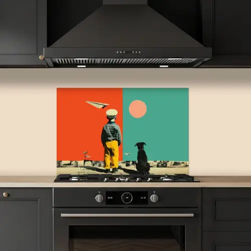 Retro - Jongen - Hond - Rood - Groen keuken achterwand spatscherm klein -sfeer1