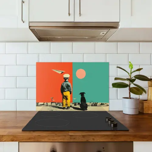 Retro - Jongen - Hond - Rood - Groen keuken achterwand spatscherm klein -sfeer2