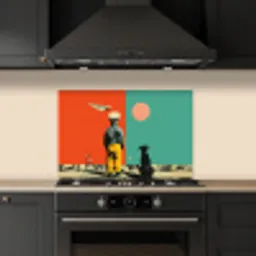 Retro - Jongen - Hond - Rood - Groen keuken achterwand spatscherm klein -sfeer1