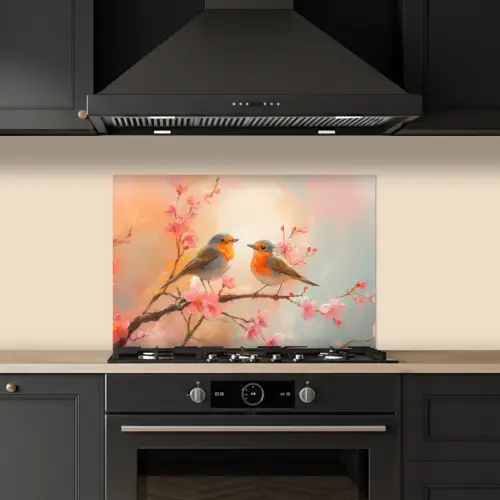 Roodborstjes - Sierlijk - Bloesemtak keuken achterwand spatscherm klein -sfeer1