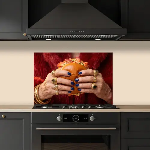 Broodje - Bontjas - Goud keuken achterwand spatscherm klein -sfeer1