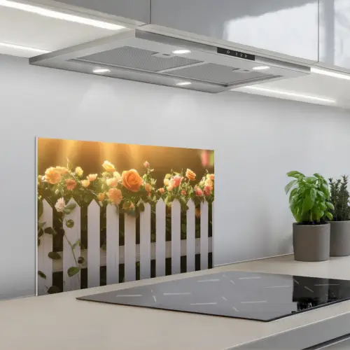 Rozen - Hek - Zonlicht keuken achterwand spatscherm klein -3d_schuin