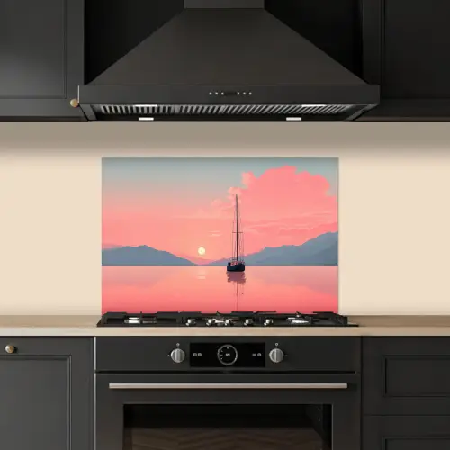 Zeilboot - Roze zee - Zonsondergang - Bergen keuken achterwand spatscherm klein -sfeer1
