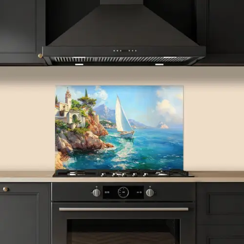 Zeilboot - Rotsen - Kust - Huizen keuken achterwand spatscherm klein -sfeer1