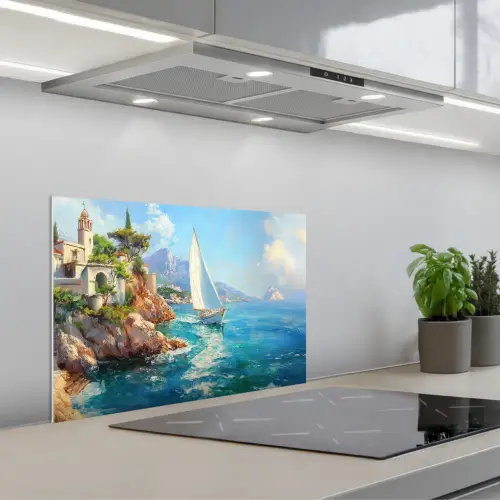 Zeilboot - Rotsen - Kust - Huizen keuken achterwand spatscherm klein -3d_schuin