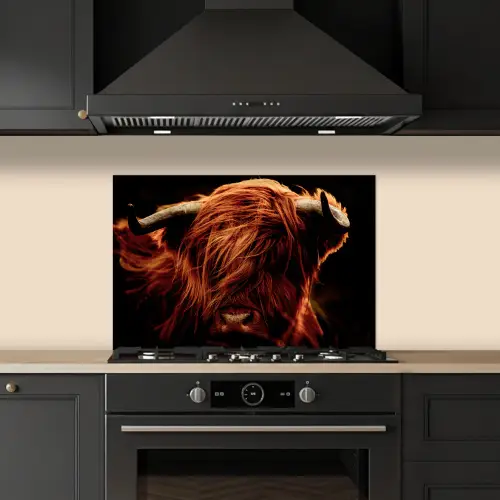 Schotse hooglander - Koe - Hoorns - Portret - Dieren keuken achterwand spatscherm klein -sfeer1