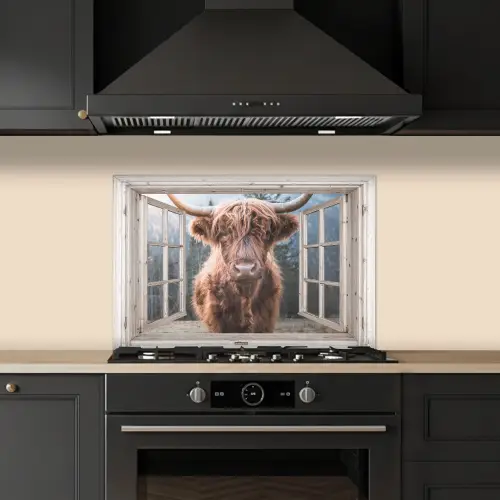 Schotse hooglander - Koe - Berg - Doorkijk keuken achterwand spatscherm klein -sfeer1