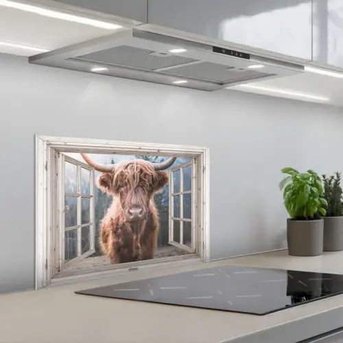Schotse hooglander - Koe - Berg - Doorkijk keuken achterwand spatscherm klein -3d_schuin