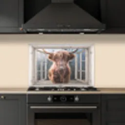 Schotse hooglander - Koe - Berg - Doorkijk keuken achterwand spatscherm klein -sfeer1