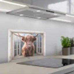 Schotse hooglander - Koe - Berg - Doorkijk keuken achterwand spatscherm klein -3d_schuin