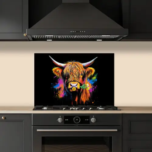 Schotse Hooglander - Graffiti - Kleurrijk - Bloem - Dieren keuken achterwand spatscherm klein -sfeer1