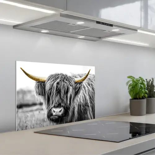 Schotse hooglander - Hoorns - Goud - Zwart keuken achterwand spatscherm klein -3d_schuin