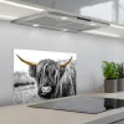 Schotse hooglander - Hoorns - Goud - Zwart keuken achterwand spatscherm klein -3d_schuin