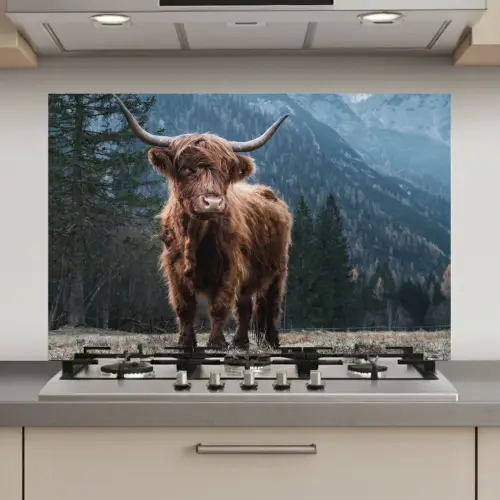 Schotse hooglander - Berg - Landschap - Bomen - Koe - Natuur keuken achterwand spatscherm klein -3d_website