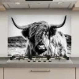 Schotse hooglander - Natuur - Koe - Zwart - Wit keuken achterwand spatscherm klein -3d_website