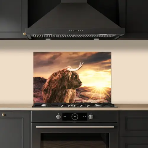 Schotse hooglander - Zon - Horizon - Koe - Dieren keuken achterwand spatscherm klein -sfeer1