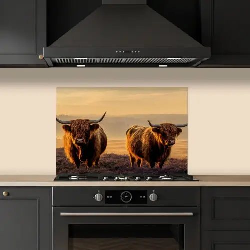 Schotse hooglanders - Heide - Landschap - Dieren keuken achterwand spatscherm klein -sfeer1