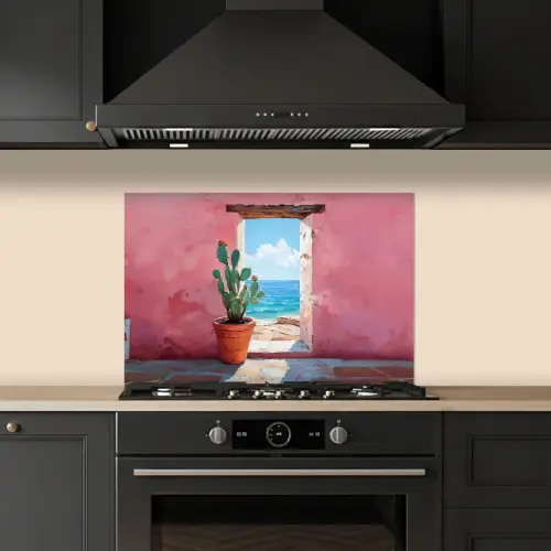 Zee - Roze - Cactus keuken achterwand spatscherm klein -sfeer1
