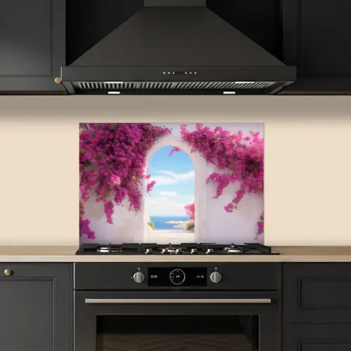 Zee - Roze - Bloemen - Poort keuken achterwand spatscherm klein -sfeer1