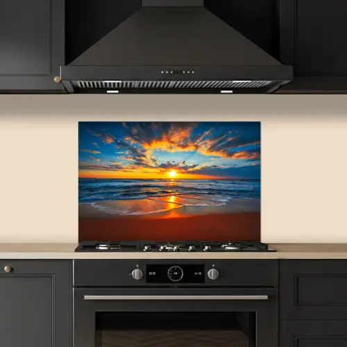 Zee - Zonsondergang - Strand - Wolken - Oranje keuken achterwand spatscherm klein -sfeer1