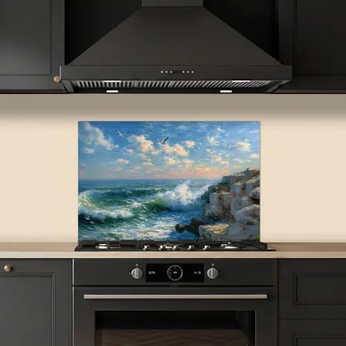 Zee - Golven - Rotsen - Meeuwen keuken achterwand spatscherm klein -sfeer1