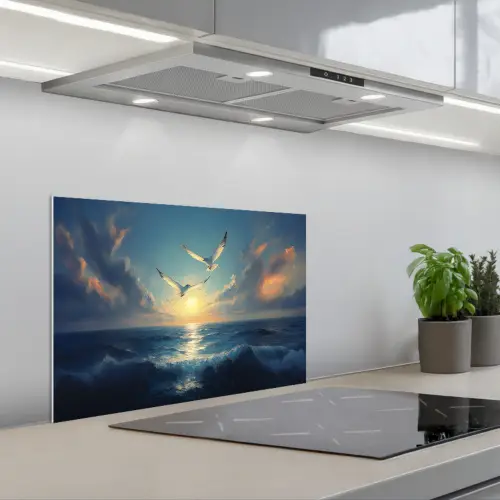 Meeuwen - Zee - Wolken -Blauw keuken achterwand spatscherm klein -3d_schuin