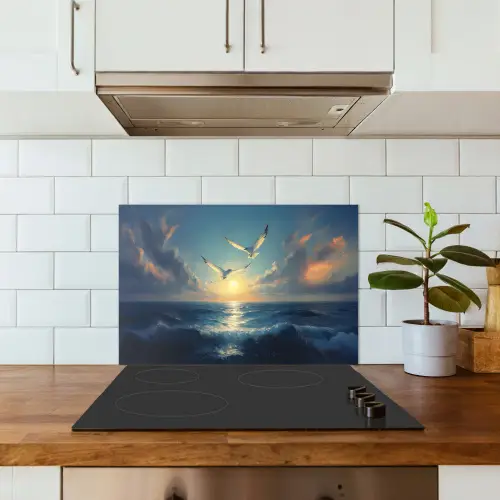 Meeuwen - Zee - Wolken -Blauw keuken achterwand spatscherm klein -sfeer2