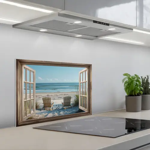 Doorkijk - Strandstoelen - Duinen - Zee - Natuur keuken achterwand spatscherm klein -3d_schuin