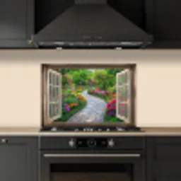 Doorkijk - Bloemen - Tuinpad - Natuur - Raam keuken achterwand spatscherm klein -sfeer1