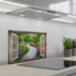 Doorkijk - Bloemen - Tuinpad - Natuur - Raam keuken achterwand spatscherm klein -3d_schuin