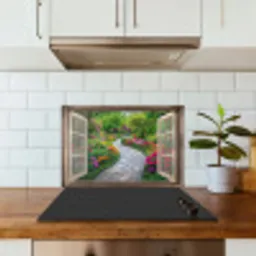 Doorkijk - Bloemen - Tuinpad - Natuur - Raam keuken achterwand spatscherm klein -sfeer2