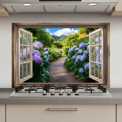 Doorkijk - Hortensia - Pad - Natuur keuken achterwand spatscherm klein -3d_website