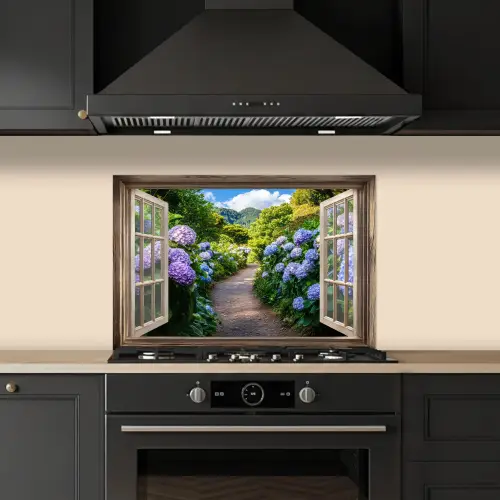 Doorkijk - Hortensia - Pad - Natuur keuken achterwand spatscherm klein -sfeer1