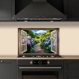 Doorkijk - Hortensia - Pad - Natuur keuken achterwand spatscherm klein -sfeer1