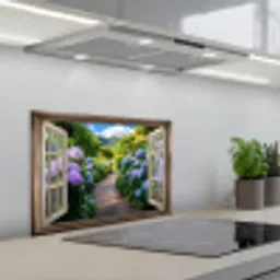 Doorkijk - Hortensia - Pad - Natuur keuken achterwand spatscherm klein -3d_schuin