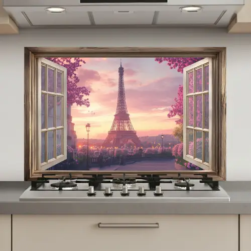 Doorkijk - Parijs - Eiffeltoren - Roze - Kersenbloesem keuken achterwand spatscherm klein -3d_website