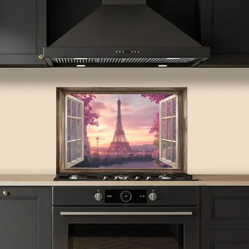 Doorkijk - Parijs - Eiffeltoren - Roze - Kersenbloesem keuken achterwand spatscherm klein -sfeer1